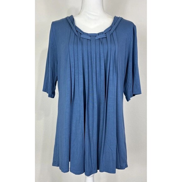 Soft Surroundings Blue Woven Lattice Neck Pleated Front Short Sleeve Size Large - Picture 1 of 10